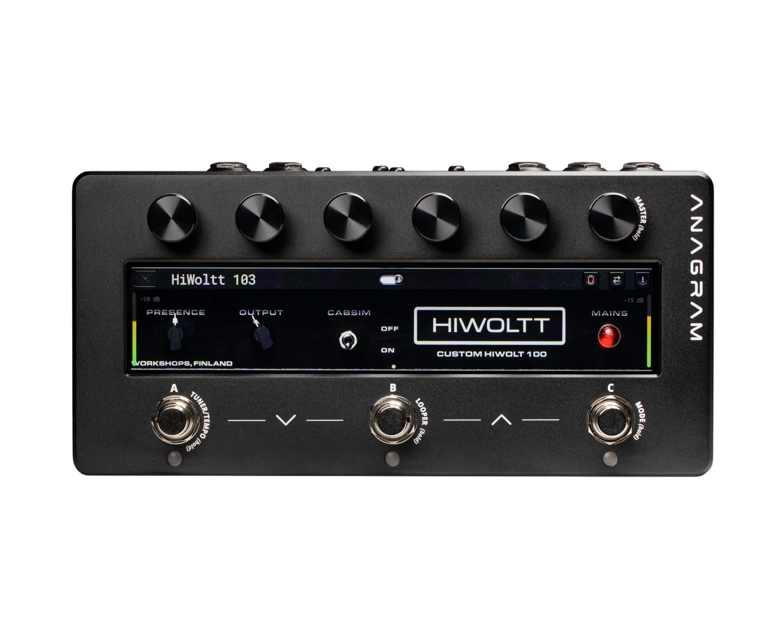 Black guitar effects pedal with digital display