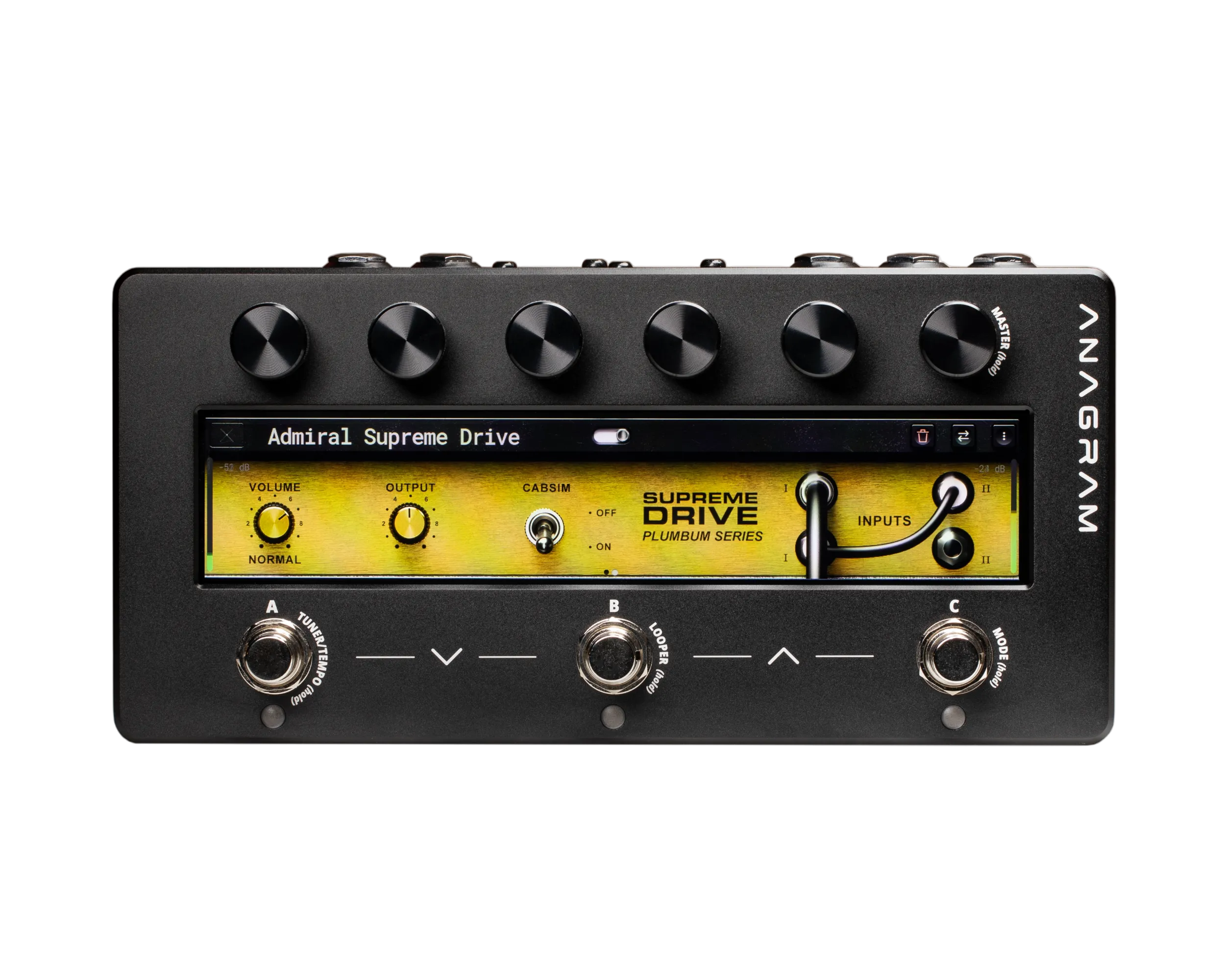 Guitar effects pedal with 'Admiral Supreme Drive' on display screen