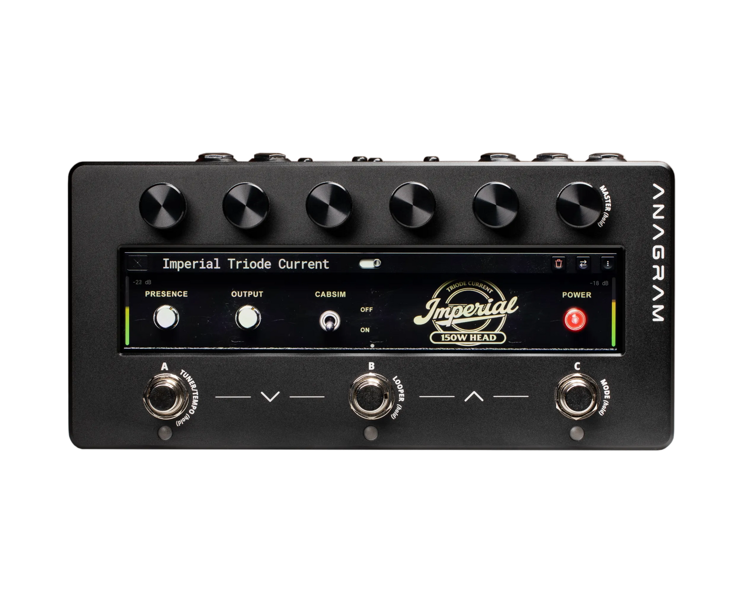 Guitar amplifier head with control knobs and display